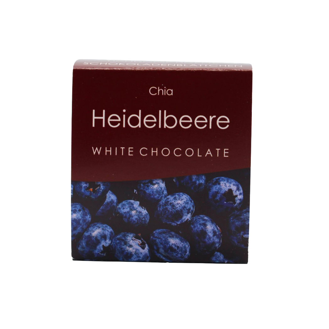 Handgeschöpfte Schokoladenblättchen Weiße Schokolade Heidelbeere & Chia