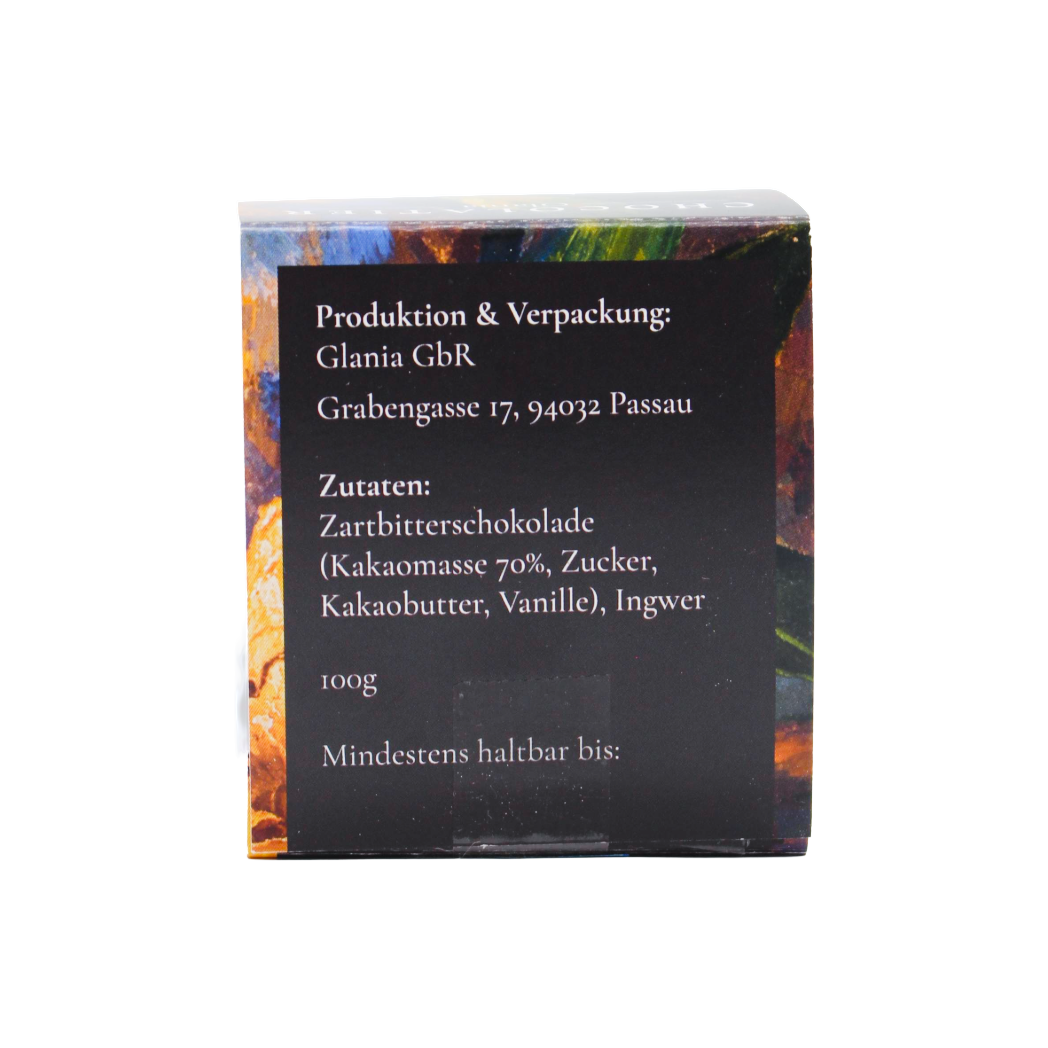 Handgeschöpfte Schokoladenblättchen 70 % Kakao & Ingwer