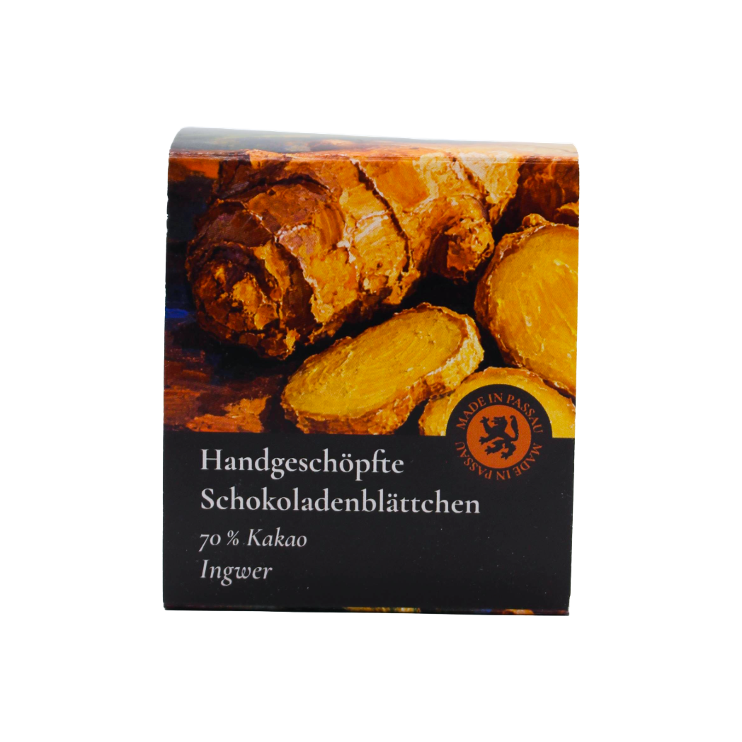 Handgeschöpfte Schokoladenblättchen 70 % Kakao & Ingwer