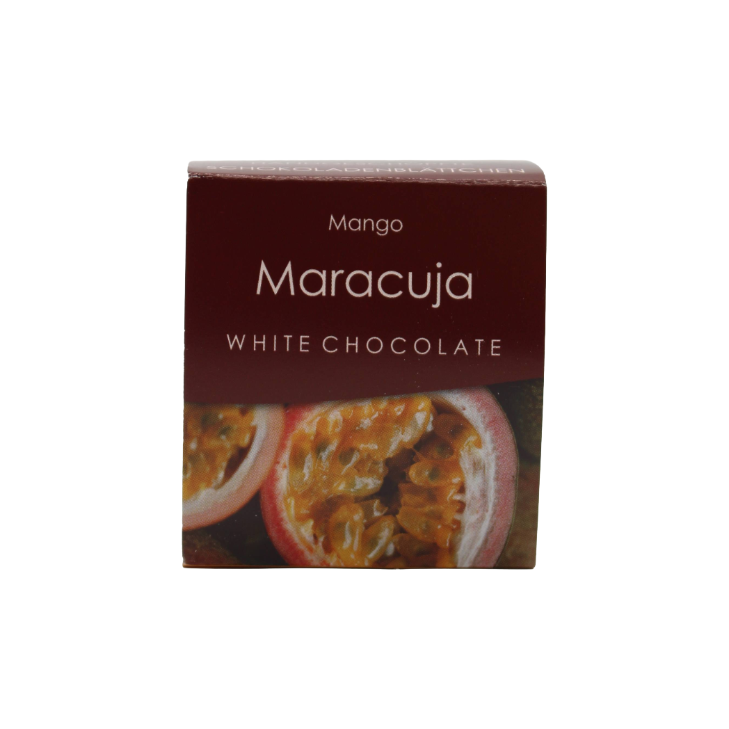 Handgeschöpfte Schokoladenblättchen Weiße Schokolade Maracuja