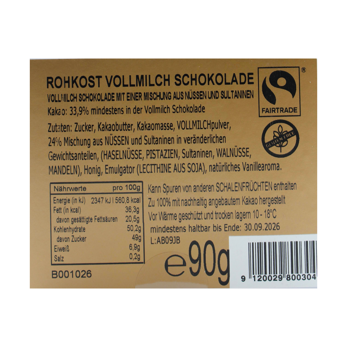 Tafelvollmilchschokolade Rohkost