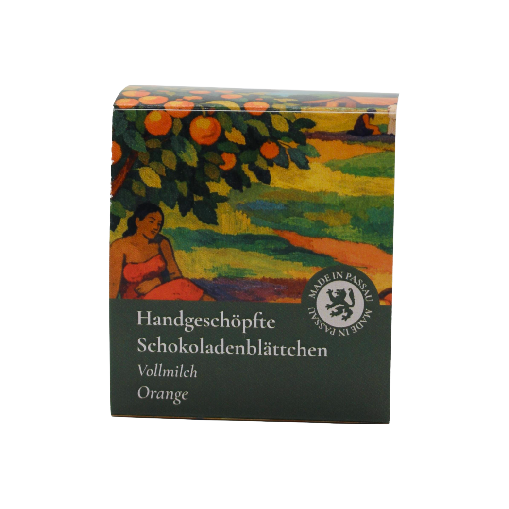 Handgeschöpfte Schokoladenblättchen Vollmilch Orange