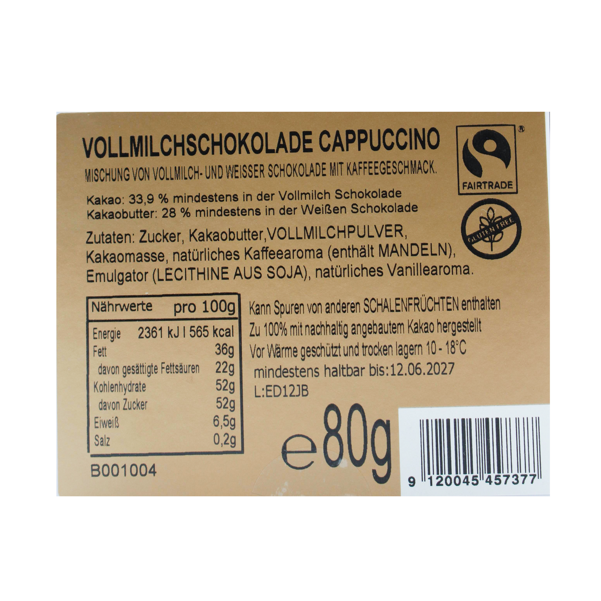 Tafelvollmilchschokolade Cappuccino