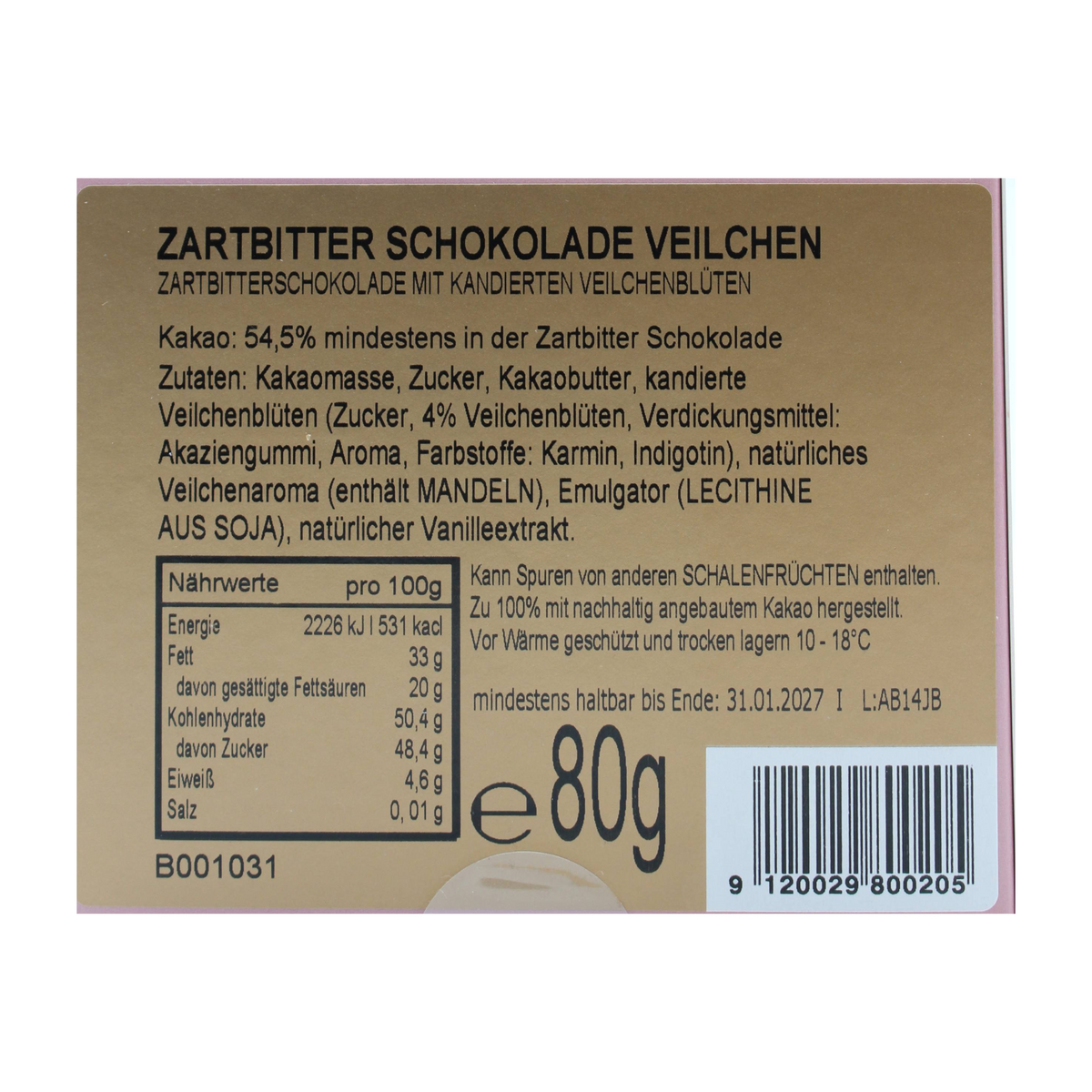 Veilchen Zartbitter Tafelschokolade
