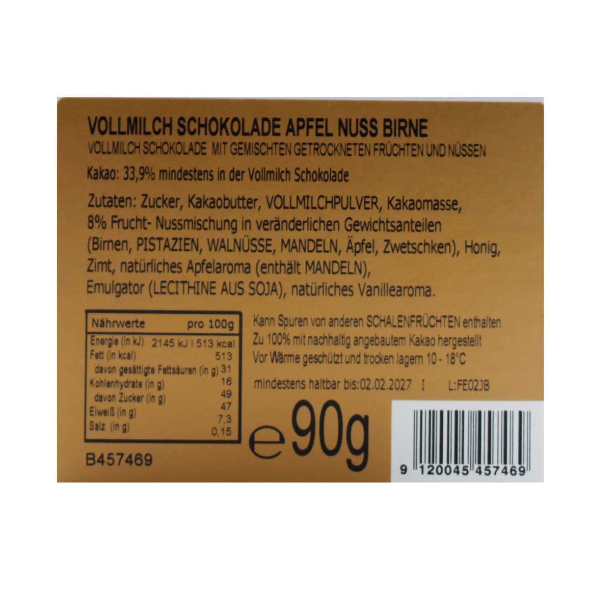 Tafelvollmilchschokolade Apfel, Birne & Nuss