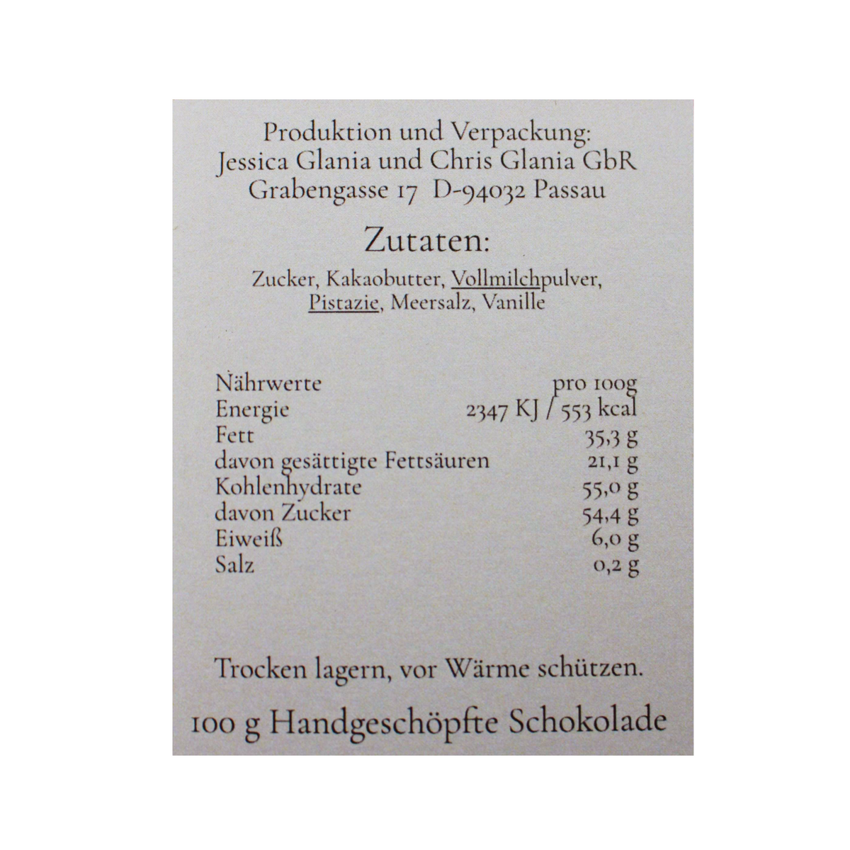 Weiße Schokolade mit Pistazie & Fleur de Sel