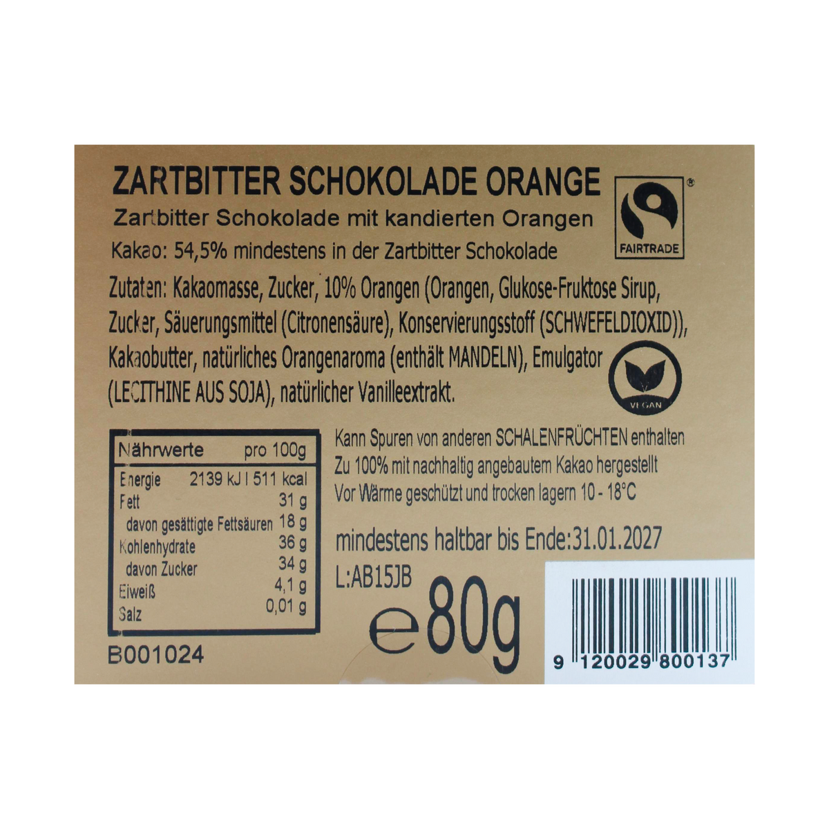 Zartbittertafelschokolade Orange